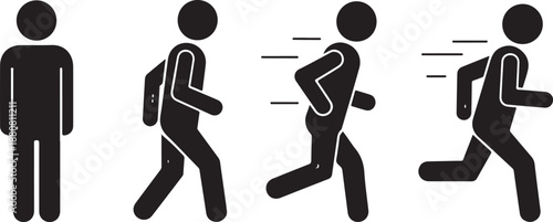 Four stick figures running in motion from standstill to full sprint