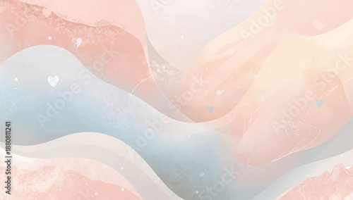 Soft pastel abstract background with flowing shapes and subtle heart details, creating a gentle and romantic visual