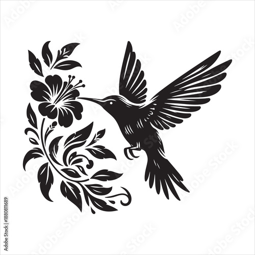 EPS vector illustration of a hummingbird and flowers silhouette vector. Hummingbird Bird and Flower Black and White Illustration