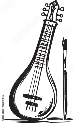 Black outline drawing of stringed musical instrument with pear shaped body and a paintbrush
