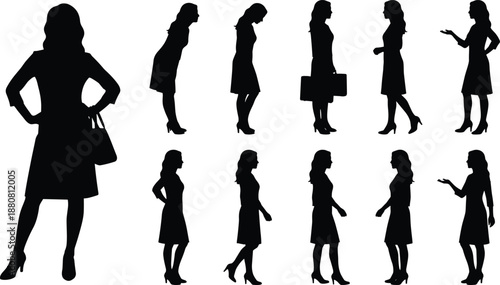 Business woman silhouettes set, professional female standing and walking poses, office communication gestures, leadership concept, black silhouette illustration collection