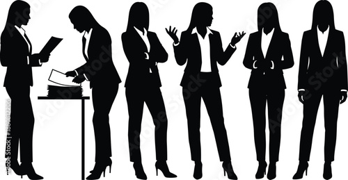Business women silhouettes set, professional female office poses, corporate teamwork and leadership concept, working women, black silhouette illustration collection