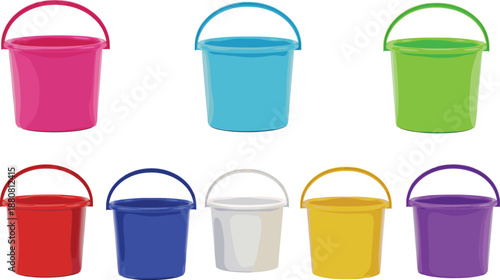 Colorful Plastic Buckets Set Vector Illustration Isolated on White Background for Household, Cleaning, and Kids Toy Design