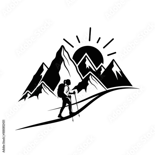 Hiker with Backpack Trekking Through Mountains.