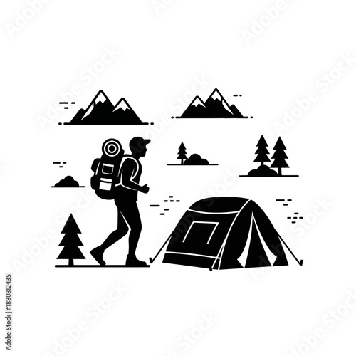 Hiker with Backpack Walking Towards Tent Silhouette.
