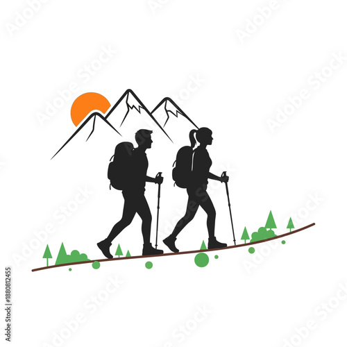 Silhouetted Hikers Walking with Backpacks and Trekking Poles.