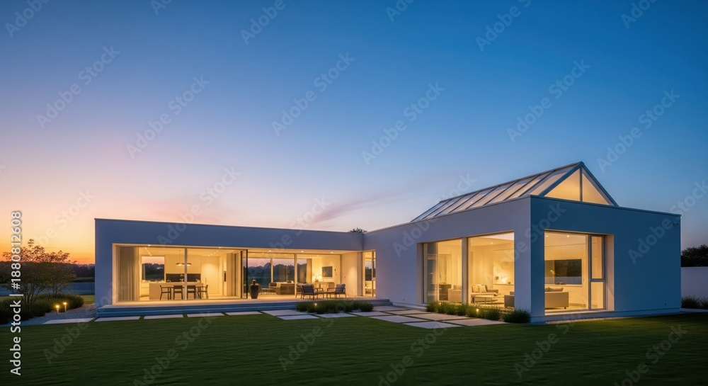 Obraz premium Modern Oasis: A contemporary residential architectural marvel, bathed in the twilight glow of dusk. Expansive windows frame the elegant interior, revealing a glimpse of the refined lifestyle within.