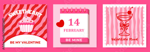 Valentine Day Poster Set in Pink with Sweet Cupcake, Love Calendar and Cocktail Illustration