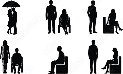 Couple and people silhouettes set, man and woman standing sitting poses, relationship concept, waiting moments, black silhouette illustration collection