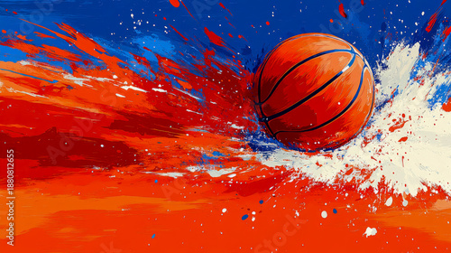 Wallpaper Mural Abstract expressionist artwork featuring basketball immersed in explosive paint strokes of deep blue, fiery orange, and intense red, symbolizing movement and energy Torontodigital.ca
