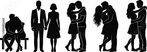 Romantic couple silhouette set illustration, love relationship poses hugging kissing sitting walking moments, black white people collection