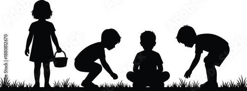 Children silhouettes playing and collecting outdoors, childhood exploration, learning through play, friendship, curiosity, and happy kids lifestyle concept illustration