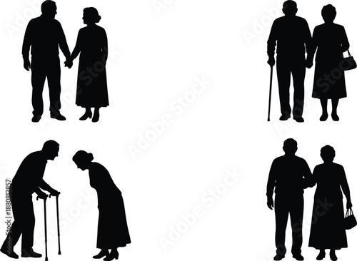 Elderly couple silhouettes, senior man and woman walking together, old age support concept, retirement life, black silhouette illustration set