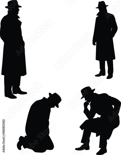 Detective noir silhouettes set, mysterious man in hat poses, crime investigation concept, vintage trench coat figure, black silhouette illustration collection