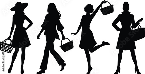 Elegant women shopping silhouettes with handbags and baskets, fashion lifestyle illustration showing female consumers, retail activity, style, and confidence