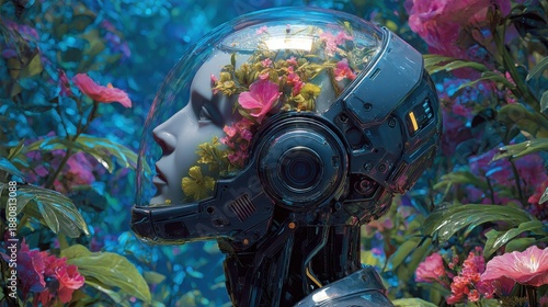 Wallpaper Mural Surreal concept of futuristic android with an helmet filled with blooming flowers instead of a face, symbolizing the fusion of advanced robotics and living nature. Torontodigital.ca