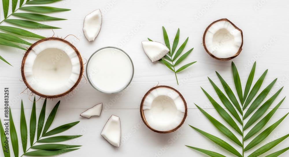 Naklejka premium Tropical Delight: An overhead shot captures a vibrant assortment of fresh coconuts, coconut milk, and lush green leaves, perfectly arranged to evoke a sense of exotic freshness and natural goodness.