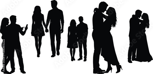 Romantic couple silhouette collection illustration, dating walking proposal kissing love relationship moments, black white people figures