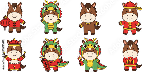Cute Cartoon Horse Characters in Chinese New Year Costumes Vector Illustration Isolated on White Background for Festive Design