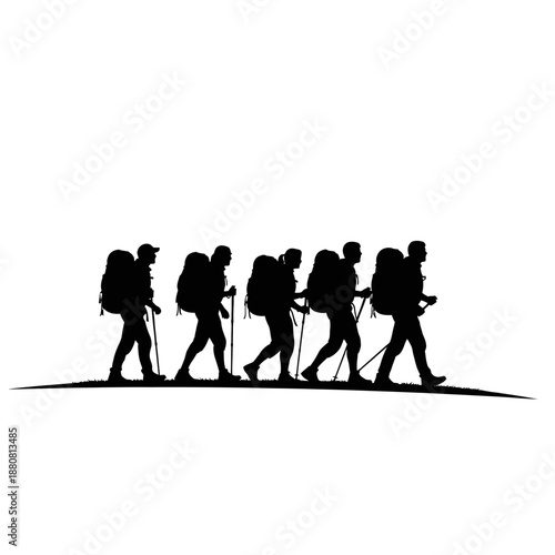 Silhouetted Hikers Walking in Single File.