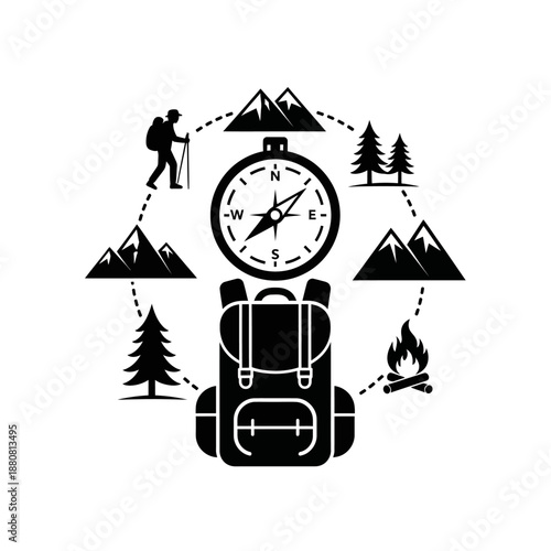 Camping Adventure Backpack Hiking Travel Illustration.