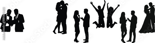 People silhouette set illustration, romantic couples and celebration poses, engagement proposal wedding love moments, black white figures