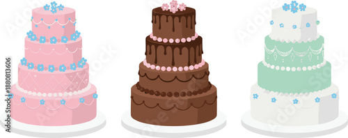 Elegant Tiered Wedding Cake Set Vector Illustration Isolated on White Background for Celebration, Bakery, and Event Design