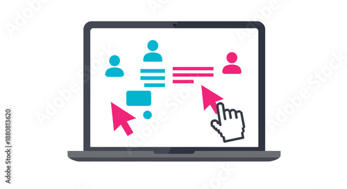 online business communication interface showing user profiles and messages on a laptop illustrating digital interaction and networking.