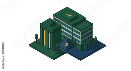 financial building illustration showcasing modern corporate headquarters for banking investment and business operations ideal for financial services marketing visuals.