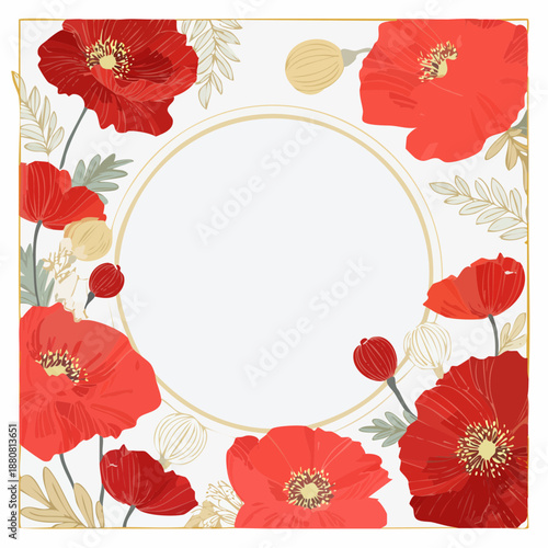 Red Modern floral frame poster set. Luxury invitation card design with poppy flower line art on red and beige.