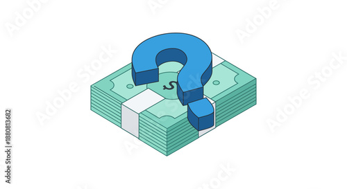 financial uncertainty illustration depicting a blue question mark on a money stack for investment economic and business solutions.