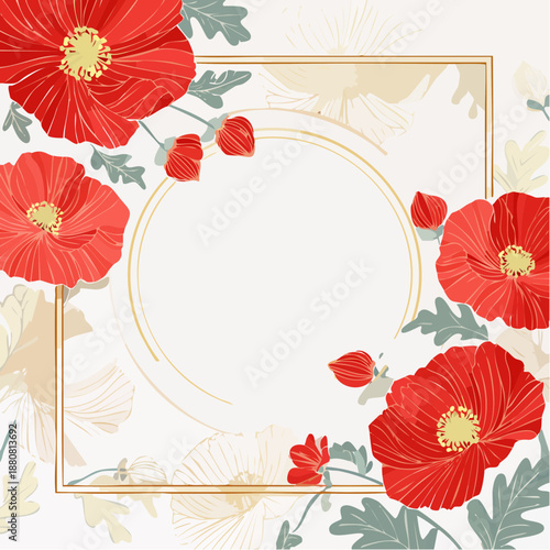 Red Modern floral frame poster set. Luxury invitation card design with poppy flower line art on red and beige.
