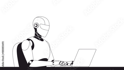 robot working on laptop in a minimalist digital workspace symbolizing artificial intelligence and advanced automation solutions.