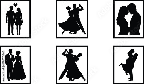 Romantic couple silhouette frames collection, love relationship moments dancing kissing wedding scenes, black white people illustration set