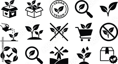Vegan and Eco Friendly Icon Set Featuring Sustainable Packaging Organic Growth Agriculture Symbols Green Energy Windmill Gardening Tools Natural Products Labeling