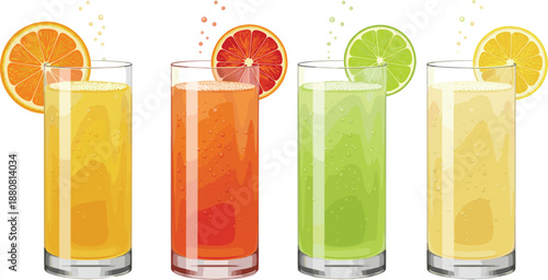 Fresh Citrus Juice Glass Set with Orange, Grapefruit, Lime, and Lemon Vector Illustration Isolated on White Background