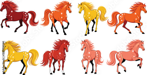 Fantasy Horse Set with Colorful Manes and Decorative Patterns Vector Illustration Isolated on White Background for Magical Design