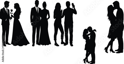 Romantic couple silhouette set illustration, love relationship poses, dating engagement wedding moments, black white people silhouettes collection