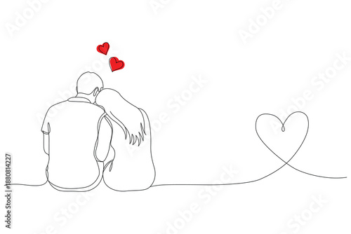 Romantic couple sitting together continuous line art with red hearts minimalist love drawing valentine relationship.