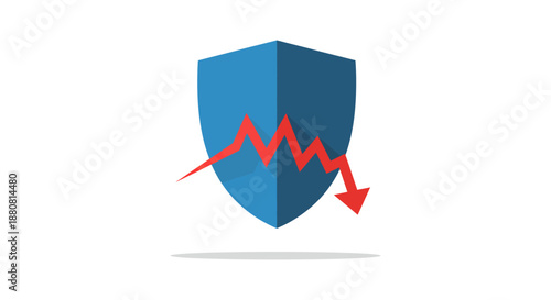 cybersecurity breach risk featuring a blue shield and red downturn arrow for illustrating financial market decline and data vulnerability impacts.