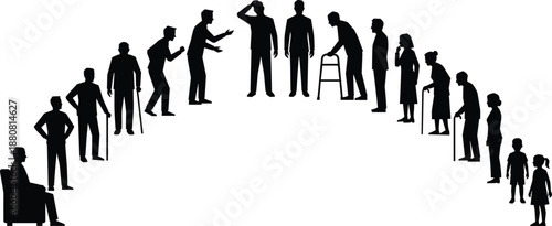 Human life cycle silhouettes showing growth from childhood to old age, aging process, generations, life stages, development, and social evolution concept