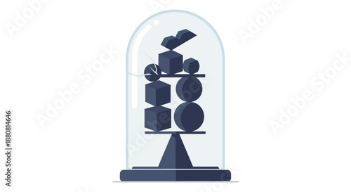 instability concept with geometric shapes precariously balanced inside a cracked glass cloche symbolizing business risk and organizational fragility