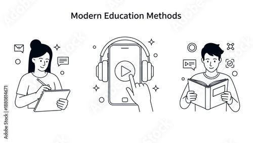 modern education methods illustration depicting students learning online and from books for future academic and professional development