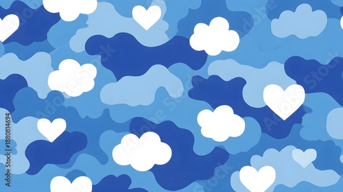 A charming and whimsical blue camouflage pattern creatively designed with soft fluffy white clouds and delicate heart shapes perfect for various decorative applications