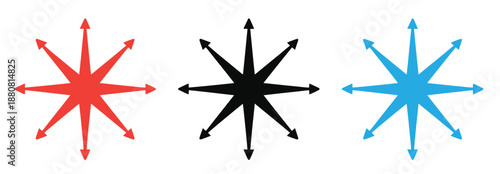Multi-directional outward arrows radiating from a central point, symbolizing expansion, spread, and diverse possibilities, isolated vector icon.