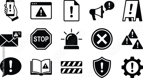 Black Warning Alert Icon Set Featuring Emergency Notifications System Errors Security Risks Stop Signs Digital Danger Messages Website Maintenance Problems and Important Information Symbols Collection