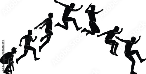 Jumping man silhouette sequence showing running, leaping, landing motion, dynamic human movement, energy, action, and athletic progression concept