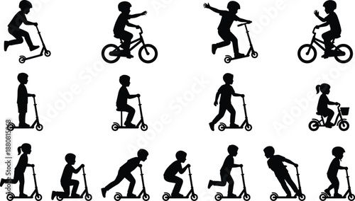 Kids riding scooters and bicycles silhouettes, playful childhood movement, outdoor fun, balance, speed, learning skills, and active lifestyle concept illustration