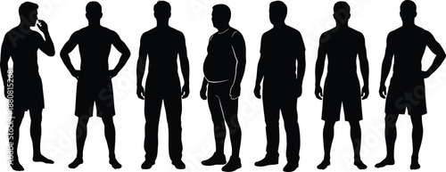 Male body silhouette types collection, different body shapes and fitness levels, standing men poses, health anatomy illustration vector