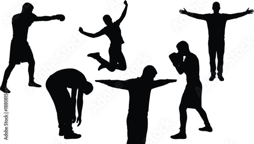 Male fitness silhouette collection, men exercising boxing jumping stretching workout poses, strength training active lifestyle, sport illustration vector